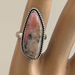 Hand crafted Pink Opal Teardrop Statement Ring Silver Plated Size 6 New